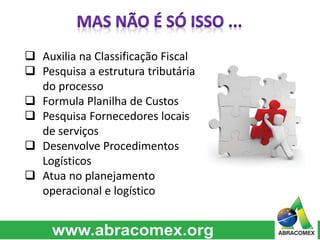  Auxilia na Classificação Fiscal
 Pesquisa a estrutura tributária
do processo
 Formula Planilha de Custos
 Pesquisa Fornecedores locais
de serviços
 Desenvolve Procedimentos
Logísticos
 Atua no planejamento
operacional e logístico
 