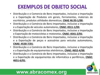 • Distribuição e o Comercio de Bens Importados, inclusive a Importação 
e a Exportação de Produtos em gerais, Ferramentas, materiais de 
escritórios, produtos utilidades domesticas, CNAE 46.93-1/00; 
• Distribuição e o Comércio de Bens Importados, inclusive a Importação 
e a Exportação de veículos automotores, CNAE: 4511-1/03; 
• Distribuição e o Comércio de Bens Importados, inclusive a Importação 
e Exportação de motocicletas e motonetas, CNAE: 4541-2/01; 
• Distribuição e o Comércio de Bens Importados, inclusive a Importação 
e a Exportação de peças e acessórios para veículos automotores, 
CNAE: 4530-7/01; 
• Distribuição e o Comércio de Bens Importados, inclusive a Importação 
e a Exportação de equipamentos eletrônicos, CNAE: 4652-4/00; 
• Distribuição e o Comércio de Bens Importados, inclusive a Importação 
e a Exportação de equipamentos de informática e periféricos, CNAE: 
4651-6/01; 
 