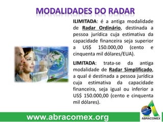 ILIMITADA: é a antiga modalidade 
de Radar Ordinário, destinada a 
pessoa jurídica cuja estimativa da 
capacidade financeira seja superior 
a US$ 150.000,00 (cento e 
cinquenta mil dólares/EUA). 
LIMITADA: trata-se da antiga 
modalidade de Radar Simplificado, 
a qual é destinada a pessoa jurídica 
cuja estimativa da capacidade 
financeira, seja igual ou inferior a 
US$ 150.000,00 (cento e cinquenta 
mil dólares). 
 
