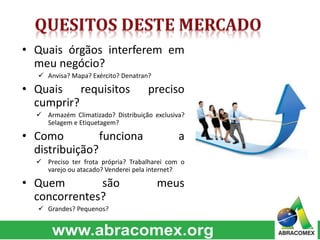 • Quais órgãos interferem em 
meu negócio? 
 Anvisa? Mapa? Exército? Denatran? 
• Quais requisitos preciso 
cumprir? 
 Armazém Climatizado? Distribuição exclusiva? 
Selagem e Etiquetagem? 
• Como funciona a 
distribuição? 
 Preciso ter frota própria? Trabalharei com o 
varejo ou atacado? Venderei pela internet? 
• Quem são meus 
concorrentes? 
 Grandes? Pequenos? 
 