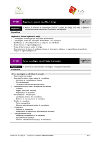REFERENCIAL DE FORMAÇÃO Saída Profissional: Operador/a de Armazenagem Nível 2 14/57
UFCD 5 Organização pessoal e gestão do tempo
Carga horária
25 horas
Objectivo(s)
Aplicar as técnicas de organização pessoal e gestão do tempo com vista a optimizar o
planeamento das actividades e o cumprimento dos objectivos
Conteúdos
Organização pessoal e gestão do tempo
Técnicas para inventariação das actividades desenvolvidas
Técnicas para análise das actividades desenvolvidas e sua priorização
Identificação do potencial de melhoria de cada uma das actividades
Regras básicas de organização pessoal
Regras fundamentais da gestão do tempo
Desenvolvimento de planos de acção de melhoria de desempenho utilizando as regras básicas de gestão do
tempo e de organização pessoal
UFCD 6 Novas tecnologias na actividade do armazém
Carga horária
50 horas
Objectivo(s) Identificar as potencialidades tecnológicas para operar no armazém.
Conteúdos
Novas tecnologias na actividade do armazém
• Objectivos das tecnologias
• Sistemas informáticos para o registo de mercadorias
− Introdução de mercadorias no sistema
− Controlo de stocks,
− Localização das mercadorias no armazém
• Sistemas Informáticos para a recepção de mercadorias
− Scanners
− Registo manual das entradas
− Programação de recepções
• Manuseamento e armazenagem
− Localização aleatória das mercadorias
− Sistemas de manuseamento de mercadoria
• Recolha da mercadoria
− Percursos de picking
− Sistemas automáticos de recolha de mercadorias
Embalamento
− Sistemas de etiquetagem
− Embalamento de mercadorias (equipamento e processos)
Expedição da mercadoria
− Processos para a expedição de mercadoria
− Equipamento de expedição
− Sistemas automáticos de expedição de mercadorias
 