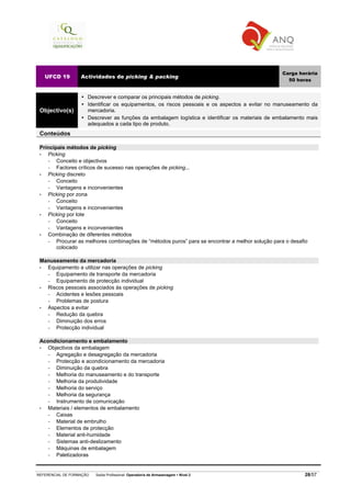 REFERENCIAL DE FORMAÇÃO Saída Profissional: Operador/a de Armazenagem Nível 2 28/57
UFCD 19 Actividades de picking & packing
Carga horária
50 horas
Objectivo(s)
Descrever e comparar os principais métodos de picking.
Identificar os equipamentos, os riscos pessoais e os aspectos a evitar no manuseamento da
mercadoria.
Descrever as funções da embalagem logística e identificar os materiais de embalamento mais
adequados a cada tipo de produto.
Conteúdos
Principais métodos de picking
• Picking
− Conceito e objectivos
− Factores críticos de sucesso nas operações de picking...
• Picking discreto
− Conceito
− Vantagens e inconvenientes
• Picking por zona
− Conceito
− Vantagens e inconvenientes
• Picking por lote
− Conceito
− Vantagens e inconvenientes
• Combinação de diferentes métodos
− Procurar as melhores combinações de “métodos puros” para se encontrar a melhor solução para o desafio
colocado
Manuseamento da mercadoria
• Equipamento a utilizar nas operações de picking
− Equipamento de transporte da mercadoria
− Equipamento de protecção individual
• Riscos pessoais associados às operações de picking
− Acidentes e lesões pessoais
− Problemas de postura
• Aspectos a evitar
− Redução da quebra
− Diminuição dos erros
− Protecção individual
Acondicionamento e embalamento
• Objectivos da embalagem
− Agregação e desagregação da mercadoria
− Protecção e acondicionamento da mercadoria
− Diminuição da quebra
− Melhoria do manuseamento e do transporte
− Melhoria da produtividade
− Melhoria do serviço
− Melhoria da segurança
− Instrumento de comunicação
• Materiais / elementos de embalamento
− Caixas
− Material de embrulho
− Elementos de protecção
− Material anti-humidade
− Sistemas anti-deslizamento
− Máquinas de embalagem
− Paletizadoras
 