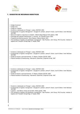 REFERENCIAL DE FORMAÇÃO Saída Profissional: Operador/a de Armazenagem Nível 2 56/57
7. SUGESTÃO DE RECURSOS DIDÁCTICOS
Código Comercial
Código Civil
Código do Trabalho
Comércio e distribuição em Portugal – Lisboa, INOFOR, 2000
Fundamentals of Logistics Management - Douglas M. Lambert, James R. Stock, Lisa M. Ellram, Inwin McGraw-
Hill,1998
Manual de higiene e segurança no trabalho - Alberto Sérgio Miguel, Porto editora, 1998
Psicologia das relações interpessoais I, II volumes – M. Fachada, Rumo, 2003
Programa de eficiência pessoal - Kerry Gleeson, Makron Books, 2001
The handbook of logistics and distribution management - Alan Rushton, John Oxcey, Phil Croucher, Institute of
logistics and Transport, Konag Page, 2.ª edição, 2000
Comércio e distribuição em Portugal – Lisboa, INOFOR, 2000
Fundamentals of logistics management - Douglas M. Lambert, James R. Stock, Lisa M. Ellram, Inwin McGraw-
Hill,1998
Gestão de stocks e aprovisionamento - O. Ribeiro, Edições CECOA, 2000
Pratical handbook of warehousing - Klenneth B. Ackermam, Chapman & Hall, 1997
Comércio e distribuição em Portugal – Lisboa, INOFOR, 2000
Fundamentals of logistics management - Douglas M. Lambert, James R. Stock, Lisa M. Ellram, Inwin McGraw-
Hill,1998
Gestão de stocks e aprovisionamento - O. Ribeiro, Edições CECOA, 2000
Pratical handbook of warehousing - Klenneth B. Ackermam, Chapman & Hall, 1997
Comércio e distribuição em Portugal – Lisboa, INOFOR, 2000
Fundamentals of logistics management - Douglas M. Lambert, James R. Stock, Lisa M. Ellram, Inwin McGraw-
Hill,1998
Logística - José Mexia, Crespo de Carvalho, Silabo gestão, 1999
The handbook of logistics and distribution management - Alan Rushton, John Oxcey, Phil Croucher, Institute of
logistics and Transport. Konag Page, 2.ª edição, 2000
 