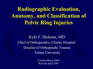 Radiographic Evaluation,
Anatomy, and Classification of
Pelvic Ring Injuries
Kyle F. Dickson, MD
Chief of Orthopaedics, Charity Hospital
Director of Orthopaedic Trauma
Tulane University
Created March 2004
Revised April 2007
 
