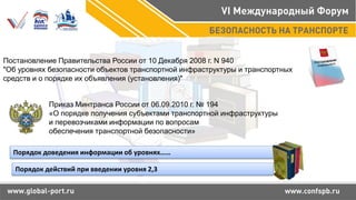 Постановление Правительства России от 10 Декабря 2008 г. N 940
"Об уровнях безопасности объектов транспортной инфраструктуры и транспортных
средств и о порядке их объявления (установления)"
Порядок доведения информации об уровнях……
Порядок действий при введении уровня 2,3
Приказ Минтранса России от 06.09.2010 г. № 194
«О порядке получения субъектами транспортной инфраструктуры
и перевозчиками информации по вопросам
обеспечения транспортной безопасности»
 
