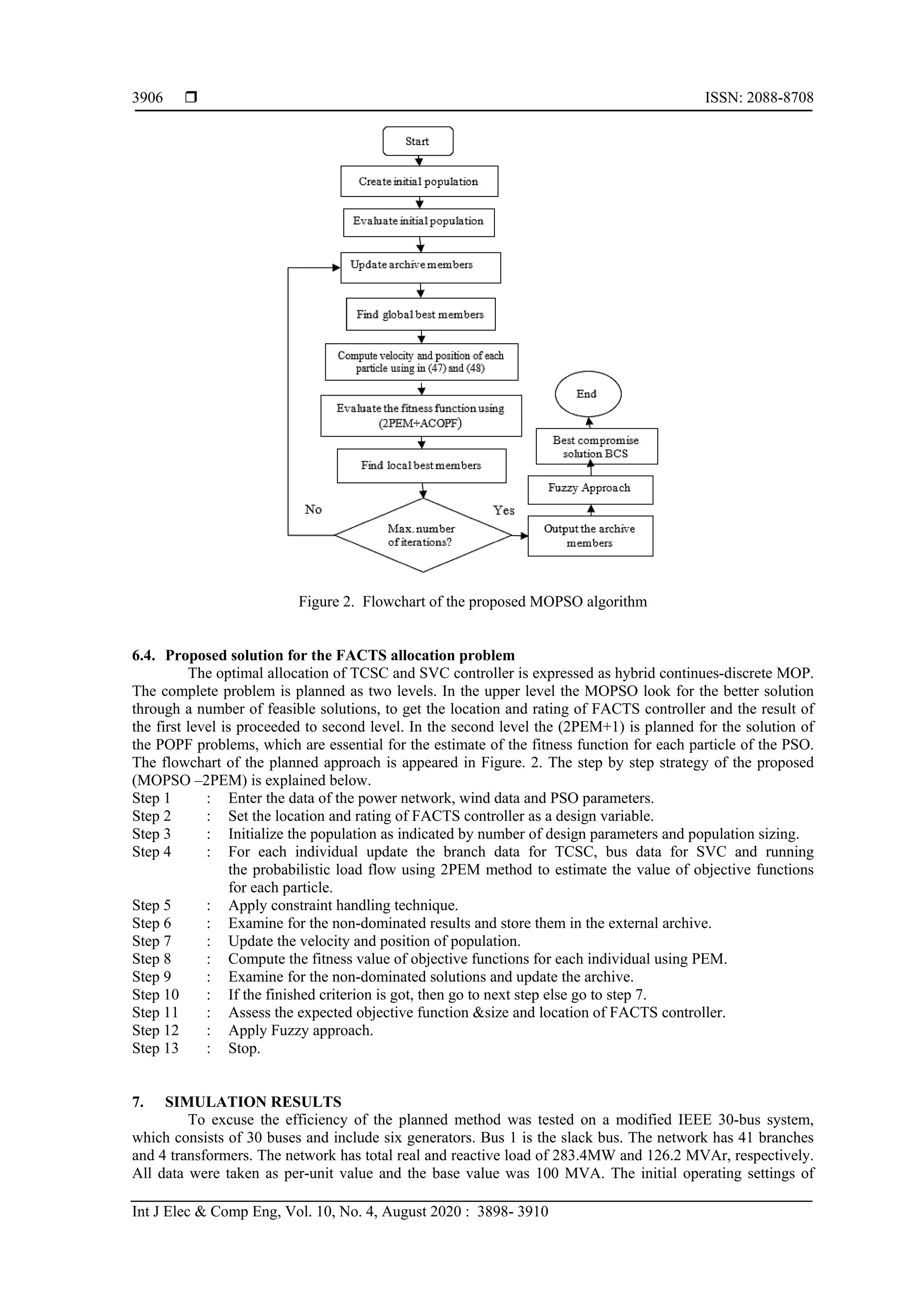  ISSN: 2088-8708
Int J Elec & Comp Eng, Vol. 10, No. 4, August 2020 : 3898- 3910
3906
Figure 2. Flowchart of the proposed MOPSO algorithm
6.4. Proposed solution for the FACTS allocation problem
The optimal allocation of TCSC and SVC controller is expressed as hybrid continues-discrete MOP.
The complete problem is planned as two levels. In the upper level the MOPSO look for the better solution
through a number of feasible solutions, to get the location and rating of FACTS controller and the result of
the first level is proceeded to second level. In the second level the (2PEM+1) is planned for the solution of
the POPF problems, which are essential for the estimate of the fitness function for each particle of the PSO.
The flowchart of the planned approach is appeared in Figure. 2. The step by step strategy of the proposed
(MOPSO –2PEM) is explained below.
Step 1 : Enter the data of the power network, wind data and PSO parameters.
Step 2 : Set the location and rating of FACTS controller as a design variable.
Step 3 : Initialize the population as indicated by number of design parameters and population sizing.
Step 4 : For each individual update the branch data for TCSC, bus data for SVC and running
the probabilistic load flow using 2PEM method to estimate the value of objective functions
for each particle.
Step 5 : Apply constraint handling technique.
Step 6 : Examine for the non-dominated results and store them in the external archive.
Step 7 : Update the velocity and position of population.
Step 8 : Compute the fitness value of objective functions for each individual using PEM.
Step 9 : Examine for the non-dominated solutions and update the archive.
Step 10 : If the finished criterion is got, then go to next step else go to step 7.
Step 11 : Assess the expected objective function &size and location of FACTS controller.
Step 12 : Apply Fuzzy approach.
Step 13 : Stop.
7. SIMULATION RESULTS
To excuse the efficiency of the planned method was tested on a modified IEEE 30-bus system,
which consists of 30 buses and include six generators. Bus 1 is the slack bus. The network has 41 branches
and 4 transformers. The network has total real and reactive load of 283.4MW and 126.2 MVAr, respectively.
All data were taken as per-unit value and the base value was 100 MVA. The initial operating settings of
 
