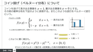 コイン投げ（ベルヌーイ分布）について
さらにこのベルヌーイ施行を n回実施した時の同時確率を考える。
コインを投げて表が出る事象を , 裏が出る事象を とする。
その時の確率分布を下記のように表現する。またこのような試行をベルヌーイ試行
という。
ベルヌーイ分布
&hellip; 表が出た時
&hellip; 裏が出た時
このように書く場合も。
※ pは表が出る確率を表す。普通のコインならp=0.5になることが予測される。
表は1
裏は0
&rarr; X(表) = 1
X(裏) = ０
&rarr;
0 1
 