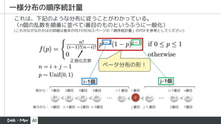 一様分布の順序統計量
これは、下記のような分布に従うことがわかっている。
（n個の乱数を順番に並べてi番目のものというふうに一般化）
(これがなぜなのかはの詳細は巻末のREFERENCEページの「順序統計量」のPDFを参考としてください)
正規化定数
1番目 2番目 3番目 4番目 i 番目 n-1番目 n番目
&hellip; &hellip;
1番目
2番目
n番目 n-1番目 n-2番目 n-3番目 j 番目
i-1 番目
j-1 番目
前から：
後ろから：
p1 p2 p3 p4 p
pi-1 pi+1 pn-2 pn
<
< < < < <
i-1個 j-1個
ベータ分布の形！
 