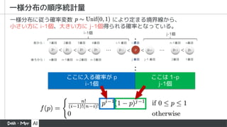 一様分布の順序統計量
1番目 2番目 3番目 4番目 i 番目 n-1番目 n番目
&hellip; &hellip;
1番目
2番目
n番目 n-1番目 n-2番目 n-3番目 j 番目
i-1 番目
j-1 番目
前から：
後ろから：
p1 p2 p3 p4 p
pi-1 pi+1 pn-2 pn
<
< < < < <
i-1個 j-1個
ここに入る確率が p
i-1個
ここは 1-p
j-1個
一様分布に従う確率変数 により定まる境界線から、
小さい方に i-1個、大きい方に j-1個得られる確率となっている。
 