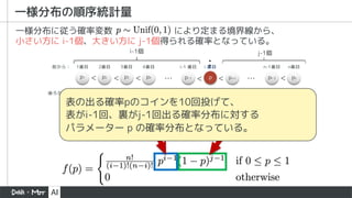 一様分布の順序統計量
1番目 2番目 3番目 4番目 i 番目 n-1番目 n番目
&hellip; &hellip;
1番目
2番目
n番目 n-1番目 n-2番目 n-3番目 j 番目
i-1 番目
j-1 番目
前から：
後ろから：
p1 p2 p3 p4 p
pi-1 pi+1 pn-2 pn
<
< < < < <
i-1個 j-1個
ここに入る確率が p
i-1個
ここは 1-p
j-1個
一様分布に従う確率変数 により定まる境界線から、
小さい方に i-1個、大きい方に j-1個得られる確率となっている。
表の出る確率pのコインを10回投げて、
表がi-1回、裏がj-1回出る確率分布に対する
パラメーター p の確率分布となっている。
 