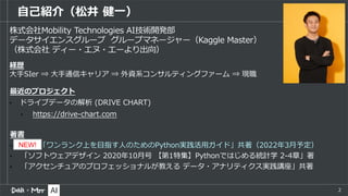 社外秘
2
⾃⼰紹介（松井 健⼀）
株式会社Mobility Technologies AI技術開発部
データサイエンスグループ グループマネージャー（Kaggle Master）
（株式会社 ディー・エヌ・エーより出向）
最近のプロジェクト
&bull; ドライブデータの解析 (DRIVE CHART)
&bull; https://drive-chart.com
著書
&bull; New!「ワンランク上を⽬指す⼈のためのPython実践活⽤ガイド」共著（2022年3⽉予定）
&bull; 「ソフトウェアデザイン 2020年10⽉号 【第1特集】Pythonではじめる統計学 2-4章」著
&bull; 「アクセンチュアのプロフェッショナルが教える データ・アナリティクス実践講座」共著
経歴
⼤⼿SIer &rArr; ⼤⼿通信キャリア &rArr; 外資系コンサルティングファーム &rArr; 現職
NEW!
 