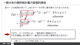 一様分布の順序統計量の直感的意味
前ページの結果を用いて、 がベータ分布に書き換えられるとわかる。
※： 正確には、n, i, jを正の実数に拡張している。
つまり、ベータ分布とは、一様乱数をn個発生させ、
それを順番に並び替えて i 番目のものが従う確率分布と言える！
 