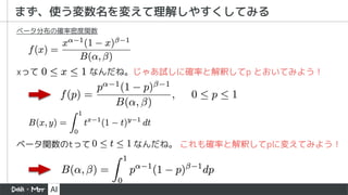 まず、使う変数名を変えて理解しやすくしてみる
xって なんだね。じゃあ試しに確率と解釈してp とおいてみよう！
ベータ関数のtって なんだね。 これも確率と解釈してpに変えてみよう！
ベータ分布の確率密度関数
 