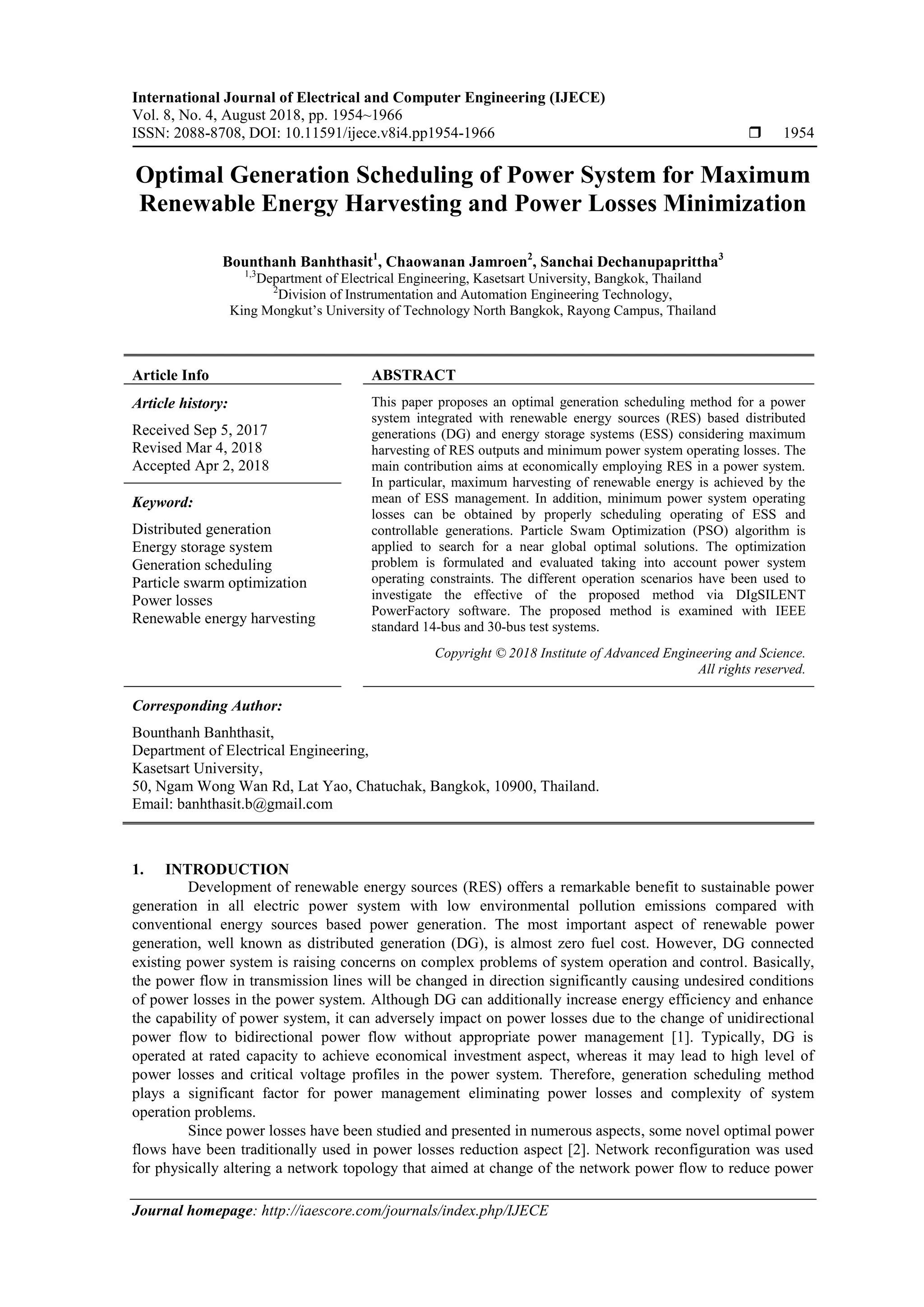 Optimal Generation Scheduling of Power System for Maximum Renewable ...