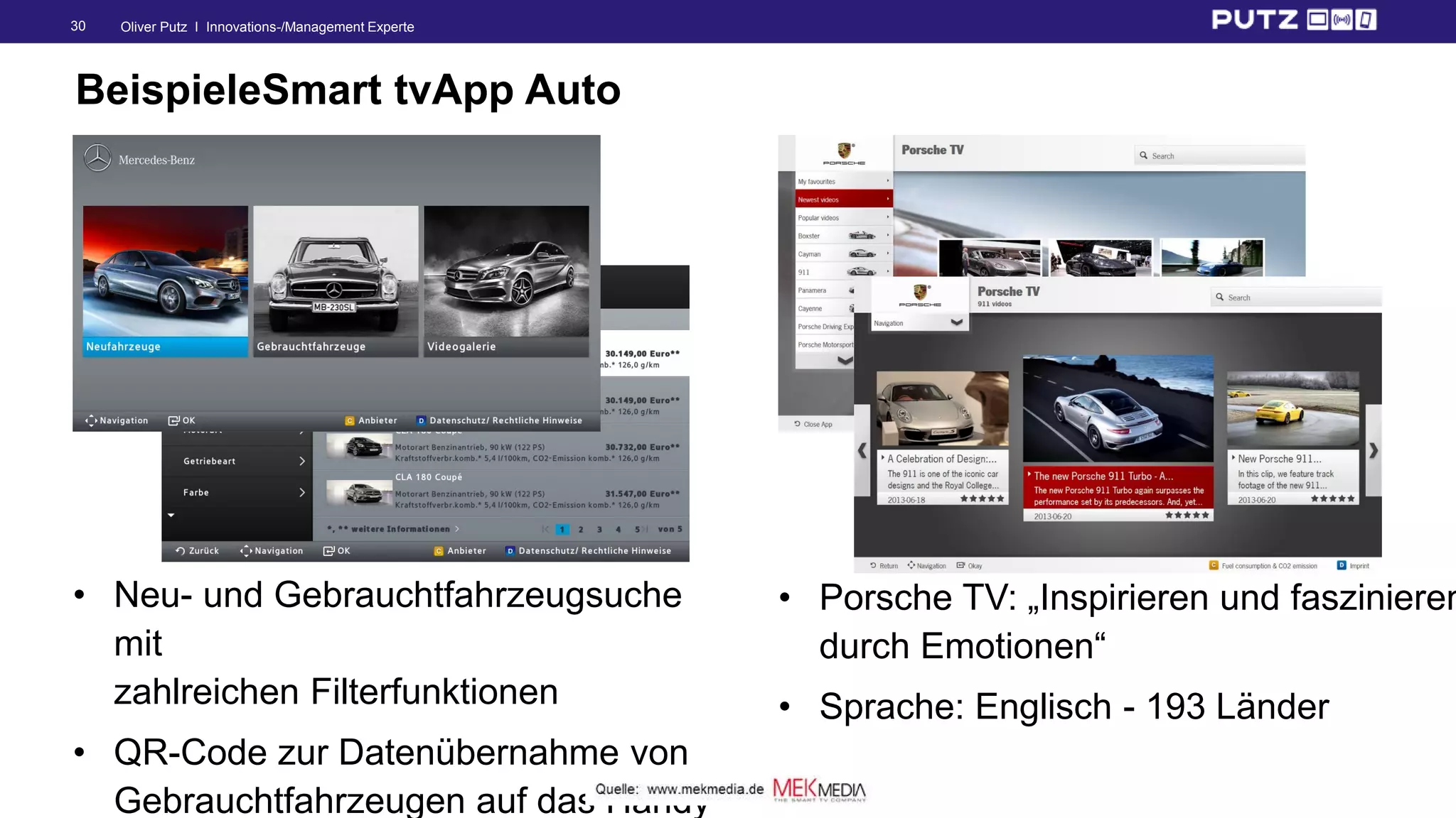 Oliver Putz I Innovations-/Management Experte30
BeispieleSmart tvApp Auto
• Neu- und Gebrauchtfahrzeugsuche
mit
zahlreichen Filterfunktionen
• QR-Code zur Datenübernahme von
Gebrauchtfahrzeugen auf das Handy
• Porsche TV: „Inspirieren und faszinieren
durch Emotionen“
• Sprache: Englisch - 193 Länder
 