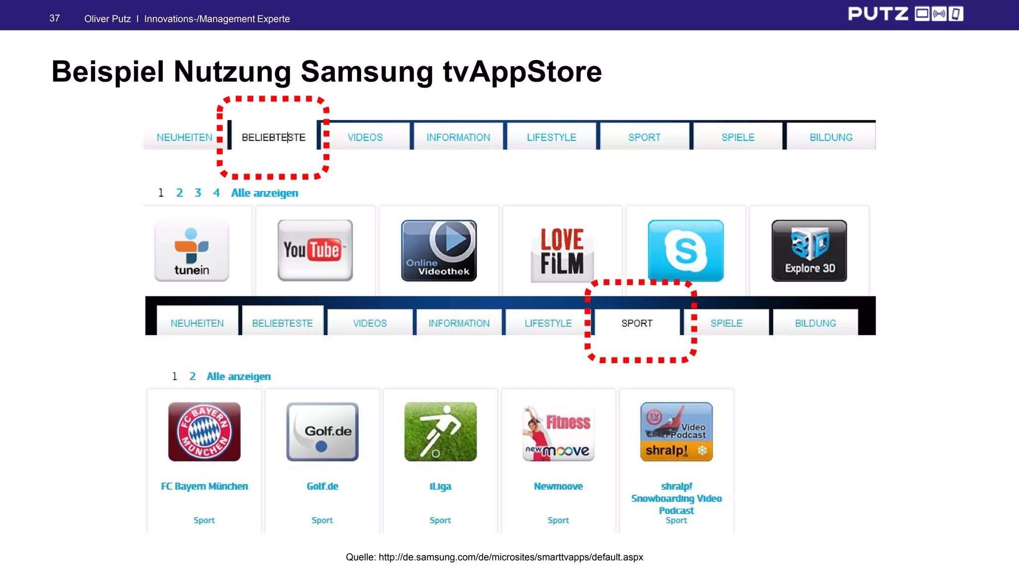 Oliver Putz I Innovations-/Management Experte37
Beispiel Nutzung Samsung tvAppStore
Quelle: http://de.samsung.com/de/microsites/smarttvapps/default.aspx
 