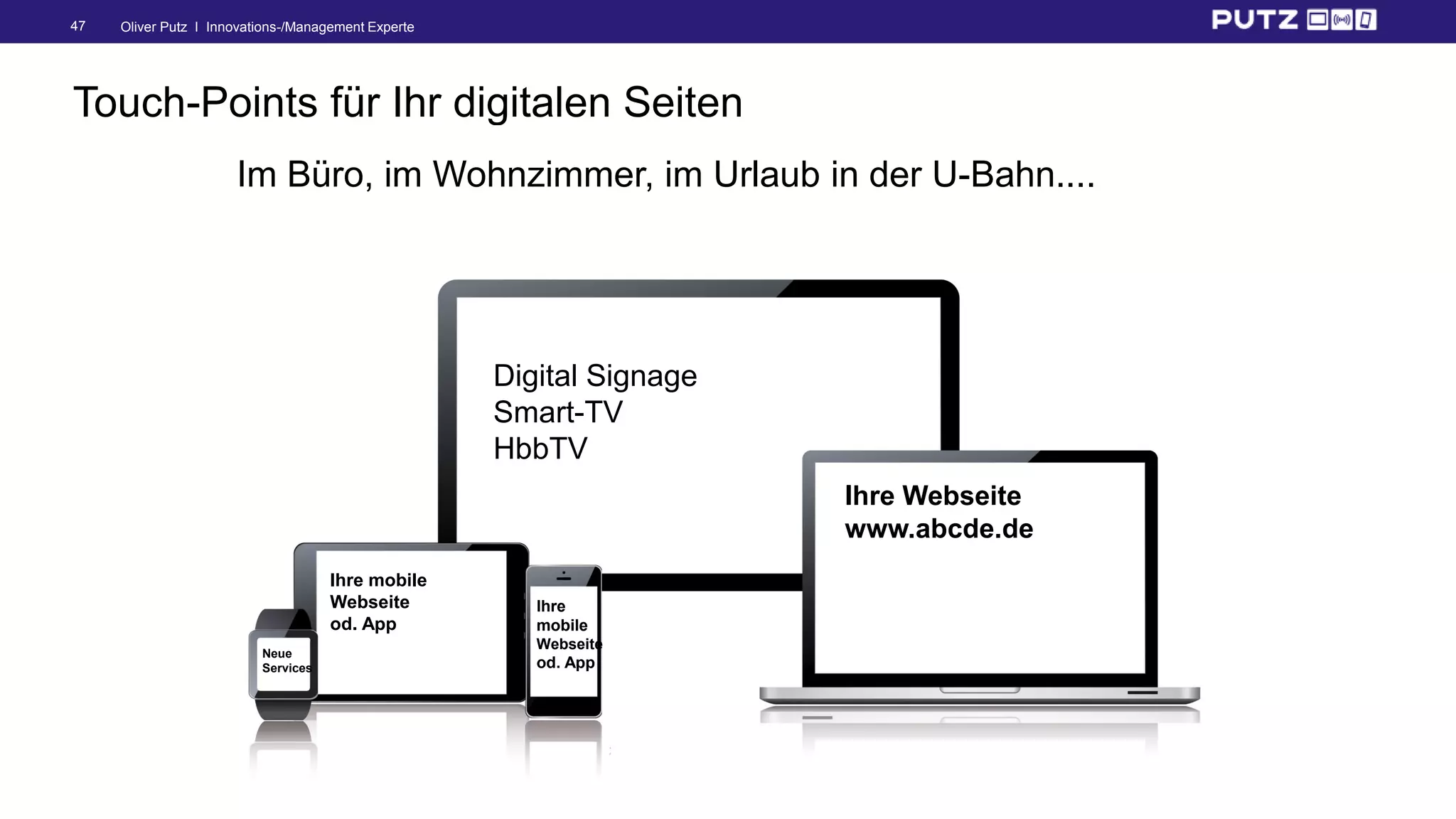 Oliver Putz I Innovations-/Management Experte47
Touch-Points für Ihr digitalen Seiten
Im Büro, im Wohnzimmer, im Urlaub in der U-Bahn....
Digital Signage
Smart-TV
HbbTV
Ihre Webseite
www.abcde.de
Ihre mobile
Webseite
od. App
Ihre
mobile
Webseite
od. App
Neue
Services
 