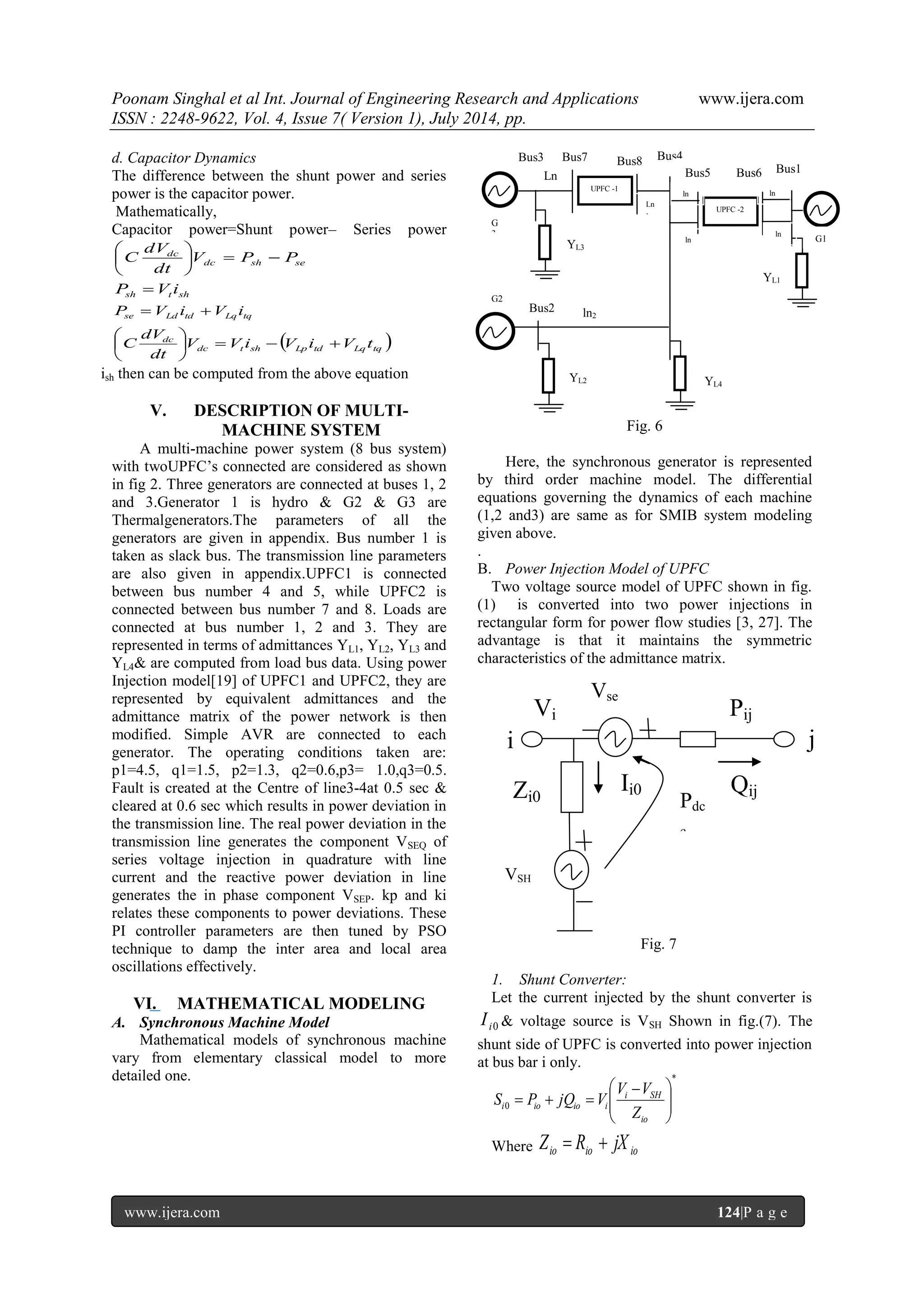 Poonam Singhal et al Int. Journal of Engineering Research and Applications www.ijera.com ISSN : 2248-9622, Vol. 4, Issue 7( Version 1), July 2014, pp. www.ijera.com 124|P a g e d. Capacitor Dynamics The difference between the shunt power and series power is the capacitor power. Mathematically, Capacitor power=Shunt power– Series power dc sh se dc V P P dt dV C       sh t sh P V i se Ld td Lq tq P V i V i   dc t sh Lp td Lq tq dc V V i V i V t dt dV C        ish then can be computed from the above equation V. DESCRIPTION OF MULTI-MACHINE SYSTEM A multi-machine power system (8 bus system) with twoUPFC‟s connected are considered as shown in fig 2. Three generators are connected at buses 1, 2 and 3.Generator 1 is hydro & G2 & G3 are Thermalgenerators.The parameters of all the generators are given in appendix. Bus number 1 is taken as slack bus. The transmission line parameters are also given in appendix.UPFC1 is connected between bus number 4 and 5, while UPFC2 is connected between bus number 7 and 8. Loads are connected at bus number 1, 2 and 3. They are represented in terms of admittances YL1, YL2, YL3 and YL4& are computed from load bus data. Using power Injection model[19] of UPFC1 and UPFC2, they are represented by equivalent admittances and the admittance matrix of the power network is then modified. Simple AVR are connected to each generator. The operating conditions taken are: p1=4.5, q1=1.5, p2=1.3, q2=0.6,p3= 1.0,q3=0.5. Fault is created at the Centre of line3-4at 0.5 sec & cleared at 0.6 sec which results in power deviation in the transmission line. The real power deviation in the transmission line generates the component VSEQ of series voltage injection in quadrature with line current and the reactive power deviation in line generates the in phase component VSEP. kp and ki relates these components to power deviations. These PI controller parameters are then tuned by PSO technique to damp the inter area and local area oscillations effectively. VI. MATHEMATICAL MODELING A. Synchronous Machine Model Mathematical models of synchronous machine vary from elementary classical model to more detailed one. Fig. 6 Here, the synchronous generator is represented by third order machine model. The differential equations governing the dynamics of each machine (1,2 and3) are same as for SMIB system modeling given above. . B. Power Injection Model of UPFC Two voltage source model of UPFC shown in fig. (1) is converted into two power injections in rectangular form for power flow studies [3, 27]. The advantage is that it maintains the symmetric characteristics of the admittance matrix. Fig. Fig. 7 1. Shunt Converter: Let the current injected by the shunt converter is i0 I & voltage source is VSH Shown in fig.(7). The shunt side of UPFC is converted into power injection at bus bar i only. * 0             io i SH i io io i Z V V S P jQ V Where io io io Z  R  jX i Vi Zi0 Pij j Q ij Ii0 Pdc c Vse VSH UPFC -1 UPFC -2 G 3 G2 G1 ln2 YL2 Bus2 Bus3 Bus7 Bus8 Bus4 Bus5 Bus6 Bus1 YL4 YL3 YL1 Ln 3 Ln 3 ln ln ln ln 