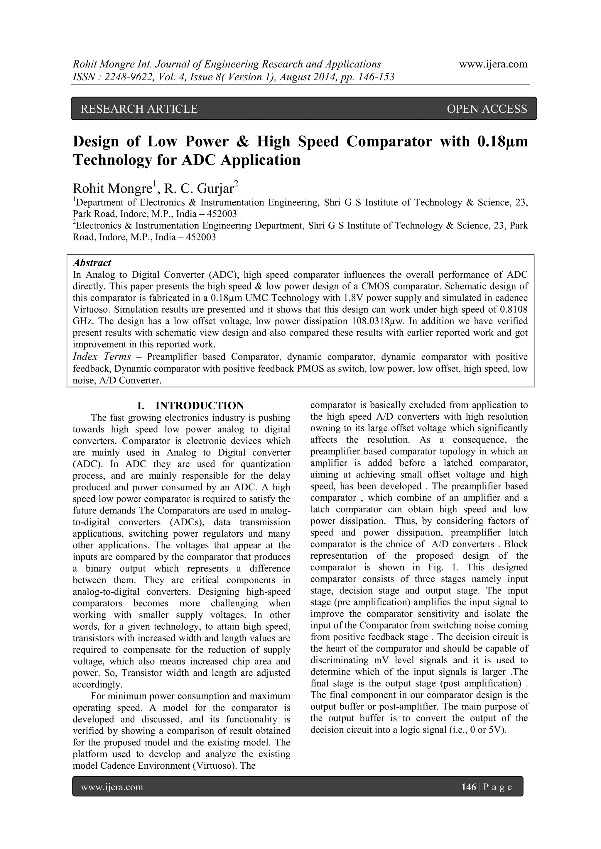 Design of Low Power & High Speed Comparator with 0.18μm Technology for ...