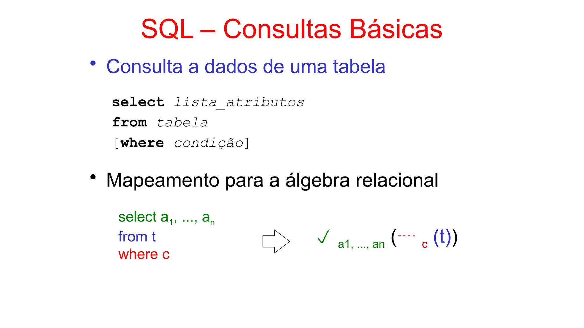 SQL – Consultas Básicas
• Consulta a dados de uma tabela
select lista_atributos
from tabela
[where condição]
• Mapeamento para a álgebra relacional
select a1, ..., an
from t
where c
 a1, ..., an ( c (t))
 