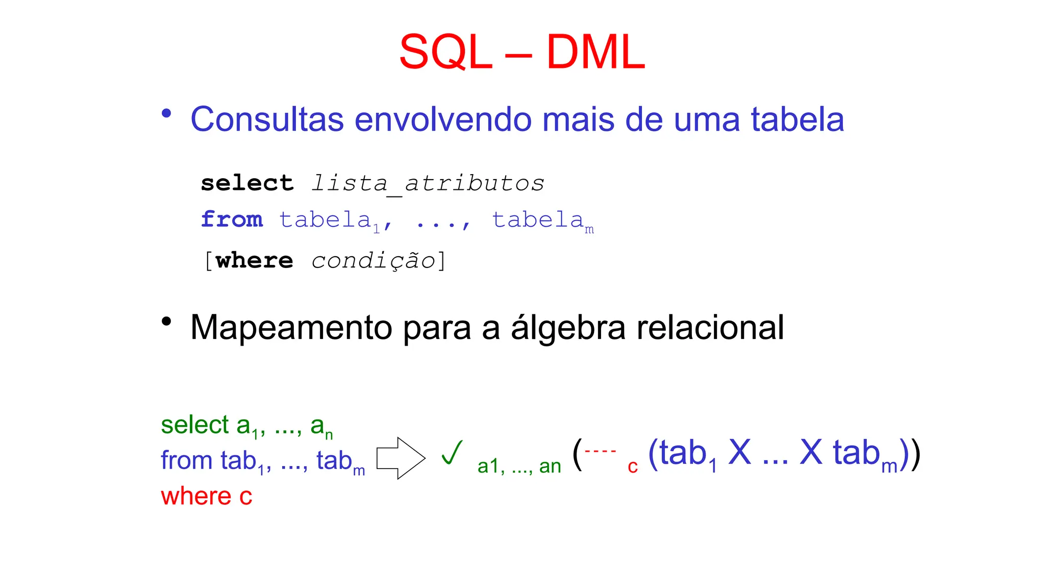 SQL – DML
• Consultas envolvendo mais de uma tabela
select lista_atributos
from tabela1, ..., tabelam
[where condição]
• Mapeamento para a álgebra relacional
select a1, ..., an
from tab1, ..., tabm
where c
 a1, ..., an ( c (tab1 X ... X tabm))
 