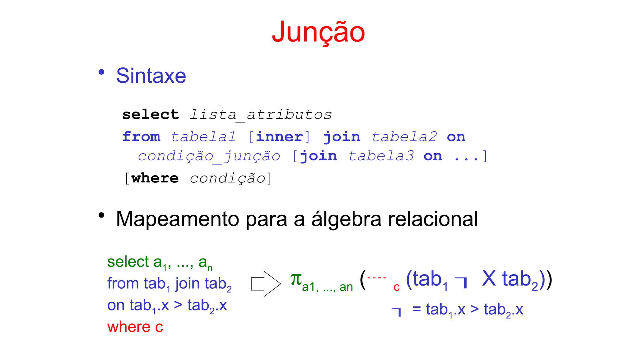 Junção
• Sintaxe
select lista_atributos
from tabela1 [inner] join tabela2 on
condição_junção [join tabela3 on ...]
[where condição]
• Mapeamento para a álgebra relacional
select a1, ..., an
from tab1 join tab2
on tab1.x > tab2.x
where c
pa1, ..., an ( c (tab1  X tab2))
 = tab1.x > tab2.x
 