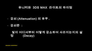 - 감쇠 (Attenuation) 의 유무 .
- 감쇠란 :
빛이 어디서부터 어떻게 감소하여 사라지는지의 설
정 (Decay)
유니티와 3DS MAX 라이트의 차이점
 