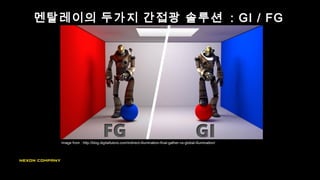 멘탈레이의 두가지 간접광 솔루션 : GI / FG
Image from : http://blog.digitaltutors.com/indirect-illumination-final-gather-vs-global-illumination/
 
