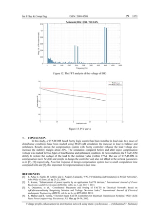 Int J Elec & Comp Eng ISSN: 2088-8708 
Voltage profile enhancement in distribution network using static synchronous … (Mohammed Y. Suliman)
3373
Figure 12. The FFT analysis of the voltage of BB3
Figure 13. P-V curve
7. CONCLUSION
In this study, a STATCOM based Fuzzy logic control has been installed in load side, two cases of
disturbance conditions have been studied using MATLAB simulation the increase in load in balance and
unbalance. Results shown the compensation system with Fuzzy controller enhance the load voltage also
increase the stability margin about 20%. The simulation compared before and after inject compensation
voltage was studied for two types of load balance and unbalance condition. In two conditions the STATCOM
ability to restore the voltage of the load to the nominal value (within 97%). The use of STATCOM in
compensation more flexible and simple in design the controller and also not affect to the netwok parameters
as in [7], [8] respectively. Also fast response of design compensation system due to small computation time
compared with and [9], this important for implementation in real time.
REFERENCES
[1] E. Acha, C. Fuerte, H. Ambriz and C. Angeles-Camacho, "FACTS Modeling and Simulation in Power Networks",
John Wiley & Sons Ltd, pp 21-23, 2004.
[2] P. Kumar, “Enhancement of power quality by an application FACTS devices,” International Journal of Power
Electronics and Drive Systems (IJPEDS), vol.6, no. 1, pp. 10-17, 2015.
[3] A. Oukennou, et al., “Coordinated Placement and Setting of FACTS in Electrical Networks based on
eqKalai-smorodinsky Bargaining Solution and Voltage Deviation Index,” International Journal of Electrical
andomputer Engineering (IJECE), vol. 6, no. 6, pp 4079-4088, 2018.
[4] R. Mathur and R. Varma, "Thyristor-based FACTS Controllers for Electrical Transmission Systems," Wiley-IEEE
Press Power engineering, Piscataway, NJ, Mar, pp 34-36, 2002.
1 1.5 2 2.5 3 3.5
0
0.2
0.4
0.6
0.8
1
1.2
Load Power in PU
LoadvoltageinPU
With Statcom
Without Statcom
 