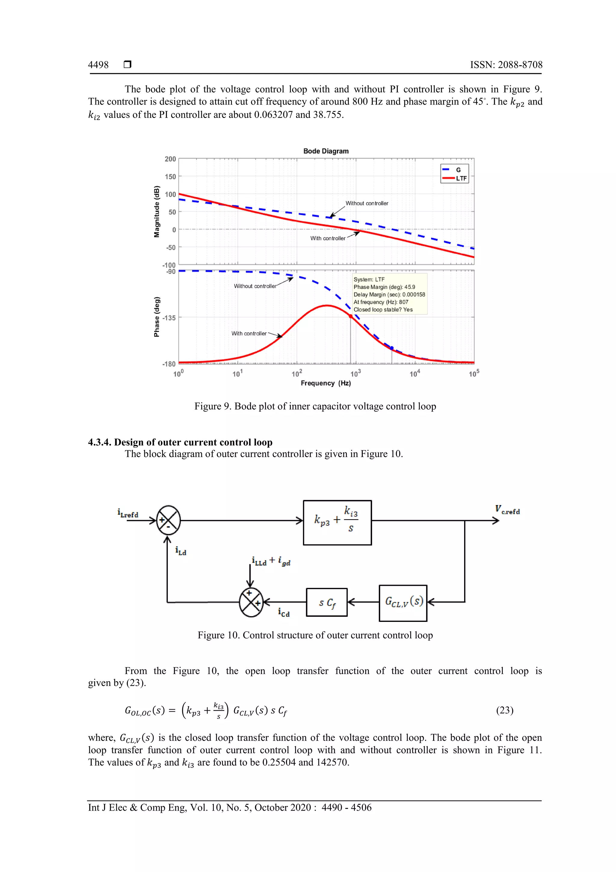  ISSN: 2088-8708
Int J Elec & Comp Eng, Vol. 10, No. 5, October 2020 : 4490 - 4506
4498
The bode plot of the voltage control loop with and without PI controller is shown in Figure 9.
The controller is designed to attain cut off frequency of around 800 Hz and phase margin of 45⸰
. The 𝑘 𝑝2 and
𝑘𝑖2 values of the PI controller are about 0.063207 and 38.755.
Figure 9. Bode plot of inner capacitor voltage control loop
4.3.4. Design of outer current control loop
The block diagram of outer current controller is given in Figure 10.
Figure 10. Control structure of outer current control loop
From the Figure 10, the open loop transfer function of the outer current control loop is
given by (23).
𝐺 𝑂𝐿,𝑂𝐶(𝑠) = (𝑘 𝑝3 +
𝑘 𝑖3
𝑠
) 𝐺 𝐶𝐿,𝑉(𝑠) 𝑠 𝐶𝑓 (23)
where, 𝐺 𝐶𝐿,𝑉(𝑠) is the closed loop transfer function of the voltage control loop. The bode plot of the open
loop transfer function of outer current control loop with and without controller is shown in Figure 11.
The values of 𝑘 𝑝3 and 𝑘𝑖3 are found to be 0.25504 and 142570.
 