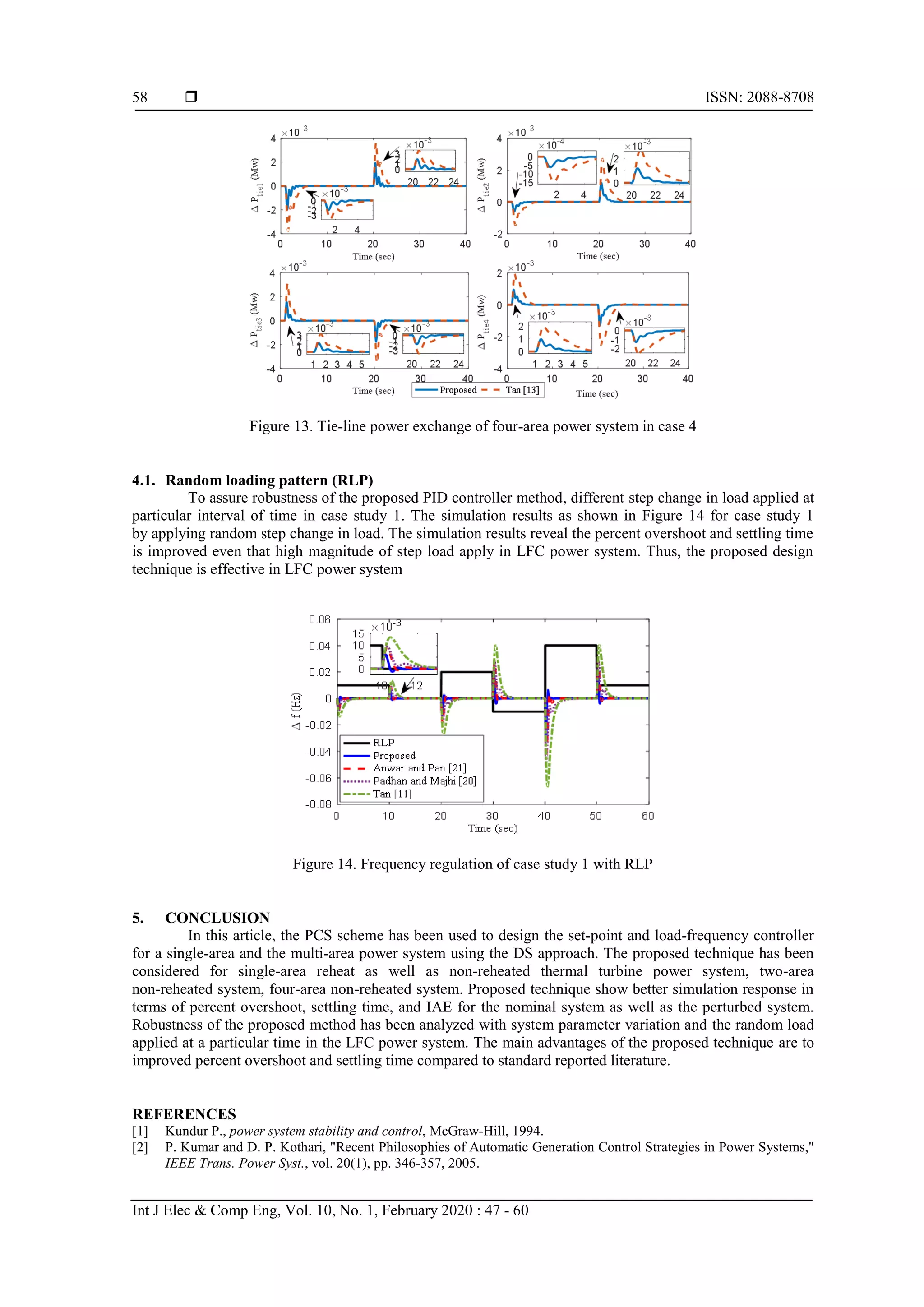  ISSN: 2088-8708 Int J Elec & Comp Eng, Vol. 10, No. 1, February 2020 : 47 - 60 58 Figure 13. Tie-line power exchange of four-area power system in case 4 4.1. Random loading pattern (RLP) To assure robustness of the proposed PID controller method, different step change in load applied at particular interval of time in case study 1. The simulation results as shown in Figure 14 for case study 1 by applying random step change in load. The simulation results reveal the percent overshoot and settling time is improved even that high magnitude of step load apply in LFC power system. Thus, the proposed design technique is effective in LFC power system Figure 14. Frequency regulation of case study 1 with RLP 5. CONCLUSION In this article, the PCS scheme has been used to design the set-point and load-frequency controller for a single-area and the multi-area power system using the DS approach. The proposed technique has been considered for single-area reheat as well as non-reheated thermal turbine power system, two-area non-reheated system, four-area non-reheated system. Proposed technique show better simulation response in terms of percent overshoot, settling time, and IAE for the nominal system as well as the perturbed system. Robustness of the proposed method has been analyzed with system parameter variation and the random load applied at a particular time in the LFC power system. The main advantages of the proposed technique are to improved percent overshoot and settling time compared to standard reported literature. REFERENCES [1] Kundur P., power system stability and control, McGraw-Hill, 1994. [2] P. Kumar and D. P. Kothari, "Recent Philosophies of Automatic Generation Control Strategies in Power Systems," IEEE Trans. Power Syst., vol. 20(1), pp. 346-357, 2005. 