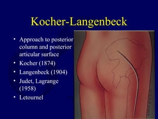 Kocher-Langenbeck
• Approach to posterior
column and posterior
articular surface
• Kocher (1874)
• Langenbeck (1904)
• Judet, Lagrange
(1958)
• Letournel
 