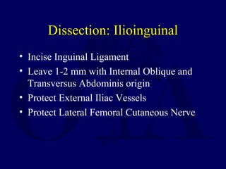 Dissection: Ilioinguinal
• Incise Inguinal Ligament
• Leave 1-2 mm with Internal Oblique and
Transversus Abdominis origin
• Protect External Iliac Vessels
• Protect Lateral Femoral Cutaneous Nerve
 