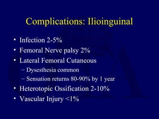 Complications: Ilioinguinal
• Infection 2-5%
• Femoral Nerve palsy 2%
• Lateral Femoral Cutaneous
– Dysesthesia common
– Sensation returns 80-90% by 1 year
• Heterotopic Ossification 2-10%
• Vascular Injury <1%
 