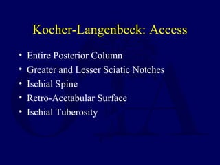 Kocher-Langenbeck: Access
• Entire Posterior Column
• Greater and Lesser Sciatic Notches
• Ischial Spine
• Retro-Acetabular Surface
• Ischial Tuberosity
 