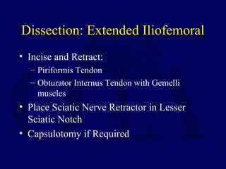 Dissection: Extended Iliofemoral
• Incise and Retract:
– Piriformis Tendon
– Obturator Internus Tendon with Gemelli
muscles
• Place Sciatic Nerve Retractor in Lesser
Sciatic Notch
• Capsulotomy if Required
 