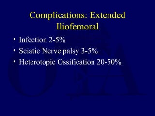 Complications: Extended
Iliofemoral
• Infection 2-5%
• Sciatic Nerve palsy 3-5%
• Heterotopic Ossification 20-50%
 