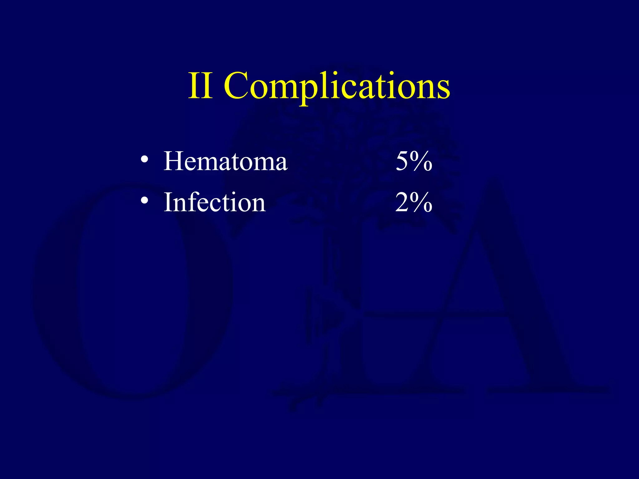 II Complications
• Hematoma 5%
• Infection 2%
 