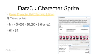 Data3 : Character Sprite
• Game Character Hub: Portfolio Edition
의 Character Set
• N = 450,000 = 50,000 x 9 (frames)
• 64 x 64
 