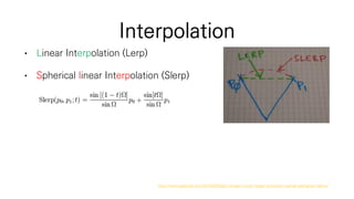 Interpolation
• Linear Interpolation (Lerp)
• Spherical linear Interpolation (Slerp)
http://www.geeks3d.com/20140205/glsl-simple-morph-target-animation-opengl-glslhacker-demo/
 