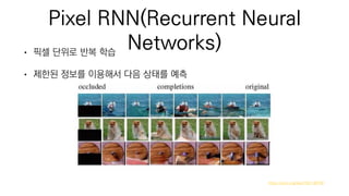 Pixel RNN(Recurrent Neural
Networks)• 픽셀 단위로 반복 학습
• 제한된 정보를 이용해서 다음 상태를 예측
https://arxiv.org/abs/1601.06759
 