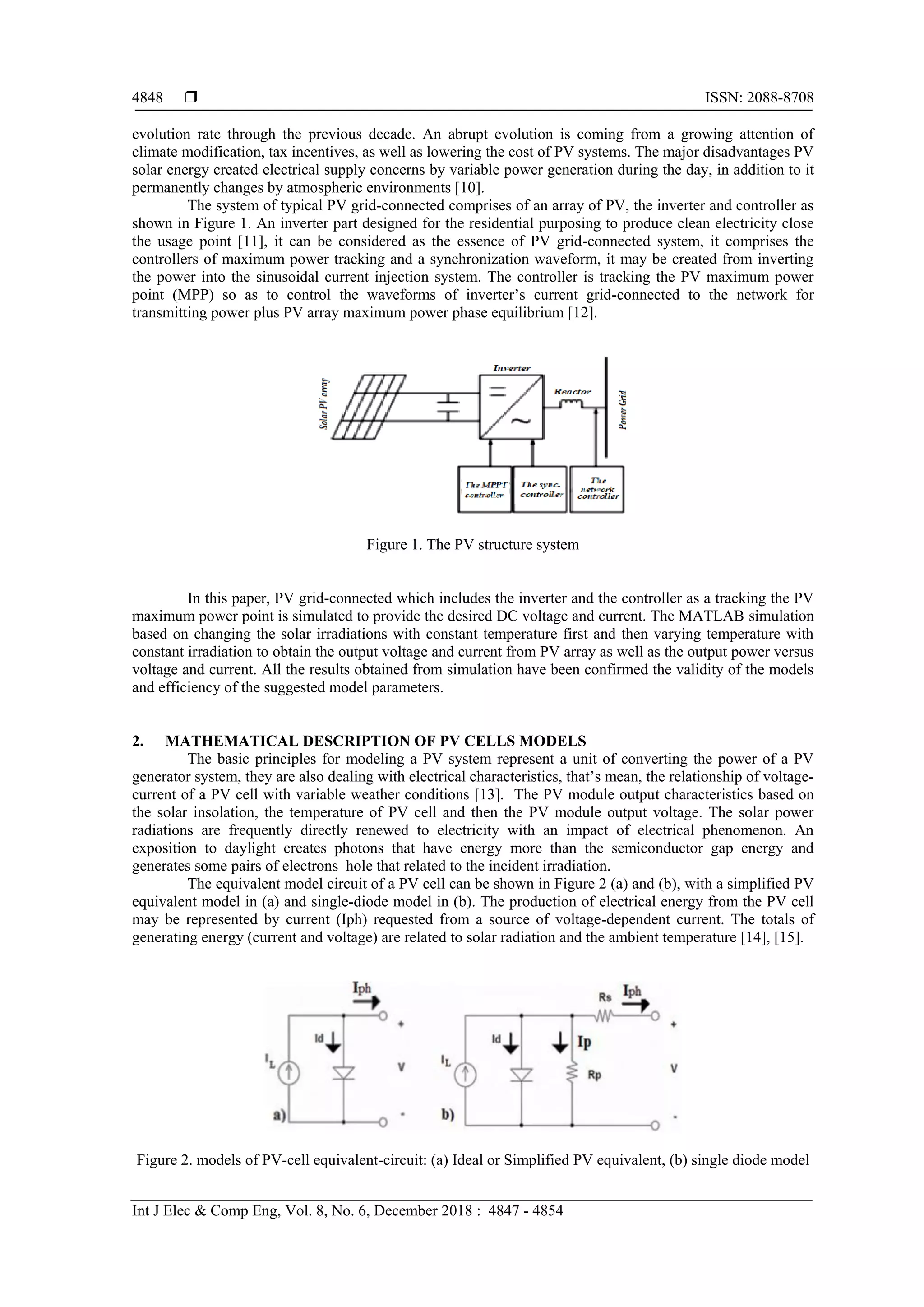  ISSN: 2088-8708
Int J Elec & Comp Eng, Vol. 8, No. 6, December 2018 : 4847 - 4854
4848
evolution rate through the previous decade. An abrupt evolution is coming from a growing attention of
climate modification, tax incentives, as well as lowering the cost of PV systems. The major disadvantages PV
solar energy created electrical supply concerns by variable power generation during the day, in addition to it
permanently changes by atmospheric environments [10].
The system of typical PV grid-connected comprises of an array of PV, the inverter and controller as
shown in Figure 1. An inverter part designed for the residential purposing to produce clean electricity close
the usage point [11], it can be considered as the essence of PV grid-connected system, it comprises the
controllers of maximum power tracking and a synchronization waveform, it may be created from inverting
the power into the sinusoidal current injection system. The controller is tracking the PV maximum power
point (MPP) so as to control the waveforms of inverter’s current grid-connected to the network for
transmitting power plus PV array maximum power phase equilibrium [12].
Figure 1. The PV structure system
In this paper, PV grid-connected which includes the inverter and the controller as a tracking the PV
maximum power point is simulated to provide the desired DC voltage and current. The MATLAB simulation
based on changing the solar irradiations with constant temperature first and then varying temperature with
constant irradiation to obtain the output voltage and current from PV array as well as the output power versus
voltage and current. All the results obtained from simulation have been confirmed the validity of the models
and efficiency of the suggested model parameters.
2. MATHEMATICAL DESCRIPTION OF PV CELLS MODELS
The basic principles for modeling a PV system represent a unit of converting the power of a PV
generator system, they are also dealing with electrical characteristics, that’s mean, the relationship of voltage-
current of a PV cell with variable weather conditions [13]. The PV module output characteristics based on
the solar insolation, the temperature of PV cell and then the PV module output voltage. The solar power
radiations are frequently directly renewed to electricity with an impact of electrical phenomenon. An
exposition to daylight creates photons that have energy more than the semiconductor gap energy and
generates some pairs of electrons–hole that related to the incident irradiation.
The equivalent model circuit of a PV cell can be shown in Figure 2 (a) and (b), with a simplified PV
equivalent model in (a) and single-diode model in (b). The production of electrical energy from the PV cell
may be represented by current (Iph) requested from a source of voltage-dependent current. The totals of
generating energy (current and voltage) are related to solar radiation and the ambient temperature [14], [15].
Figure 2. models of PV-cell equivalent-circuit: (a) Ideal or Simplified PV equivalent, (b) single diode model
 