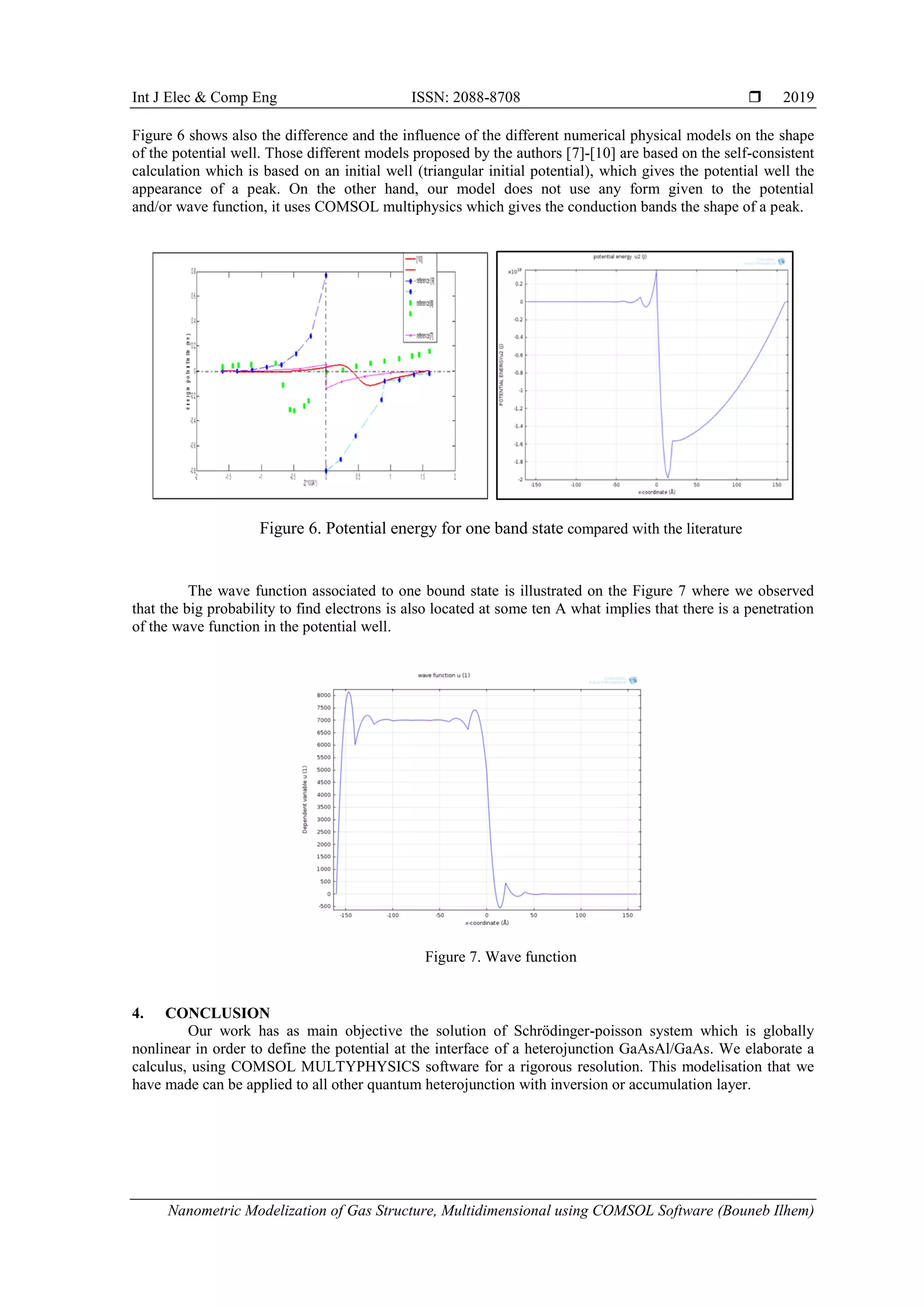 Int J Elec & Comp Eng ISSN: 2088-8708 
Nanometric Modelization of Gas Structure, Multidimensional using COMSOL Software (Bouneb Ilhem)
2019
Figure 6 shows also the difference and the influence of the different numerical physical models on the shape
of the potential well. Those different models proposed by the authors [7]-[10] are based on the self-consistent
calculation which is based on an initial well (triangular initial potential), which gives the potential well the
appearance of a peak. On the other hand, our model does not use any form given to the potential
and/or wave function, it uses COMSOL multiphysics which gives the conduction bands the shape of a peak.
Figure 6. Potential energy for one band state compared with the literature
The wave function associated to one bound state is illustrated on the Figure 7 where we observed
that the big probability to find electrons is also located at some ten A what implies that there is a penetration
of the wave function in the potential well.
Figure 7. Wave function
4. CONCLUSION
Our work has as main objective the solution of Schrödinger-poisson system which is globally
nonlinear in order to define the potential at the interface of a heterojunction GaAsAl/GaAs. We elaborate a
calculus, using COMSOL MULTYPHYSICS software for a rigorous resolution. This modelisation that we
have made can be applied to all other quantum heterojunction with inversion or accumulation layer.
 