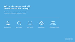 Who or what we can track with
bluepath® Realtime Tracking?
Realtime tracking can be used in various scenarios for
increasing the efficiency and security of the venue.
Asset TrackingTrack employees Track security Track children Track visitors  guests
 