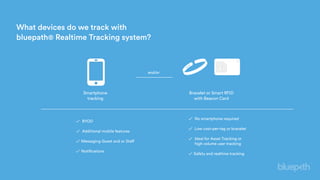 Smartphone
tracking
Bracelet or Smart RFID
with Beacon Card
and/or
✓ BYOD 
✓ Additional mobile features
✓ Messaging Guest and or Staff
✓ Notifications
✓ No smartphone required 
✓ Low cost-per-tag or bracelet
✓ Ideal for Asset Tracking or 
high volume user tracking 
✓ Safety and realtime tracking
What devices do we track with
bluepath® Realtime Tracking system?
 