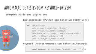 automação de testes com keyword-driven
Implementação (Python com Selenium WebDriver):
def setUp(self):
self.driver = webdriver.Firefox()
self.driver.implicitly_wait(20)
self.base_url = "https://www.facebook.com/"
self.verificationErrors = []
self.accept_next_alert = True
Keyword (RobotFramework com SeleniumLibrary):
Open Browser https://www.facebook.com/ firefox
Exemplo: Abrir uma página web
 