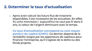 2. Déterminer le taux d’actualisation
● Après avoir calculé les futurs flux de trésorerie
disponibles, il est nécessaire de les actualiser. En effet,
1€( unité monétaire ) aujourd’hui ne vaut pas 1€ dans 5
ans, la valeur de l’argent diminuant avec le temps.
Ce taux d’actualisation correspond au coût moyen
pondéré du capital (CMPC). Ce dernier dépend de la
rentabilité exigée par les apporteurs de capitaux pour
financer l’entreprise, qu’il s’agisse de la dette ou des
fonds propres.
 