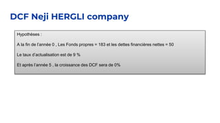 DCF Neji HERGLI company
Hypothèses :
A la fin de l’année 0 , Les Fonds propres = 183 et les dettes financières nettes = 50
Le taux d’actualisation est de 9 %
Et après l’année 5 , la croissance des DCF sera de 0%
 