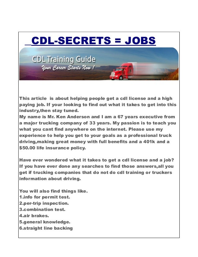 CDL License And Jobs $150.00 Out Of Pocket