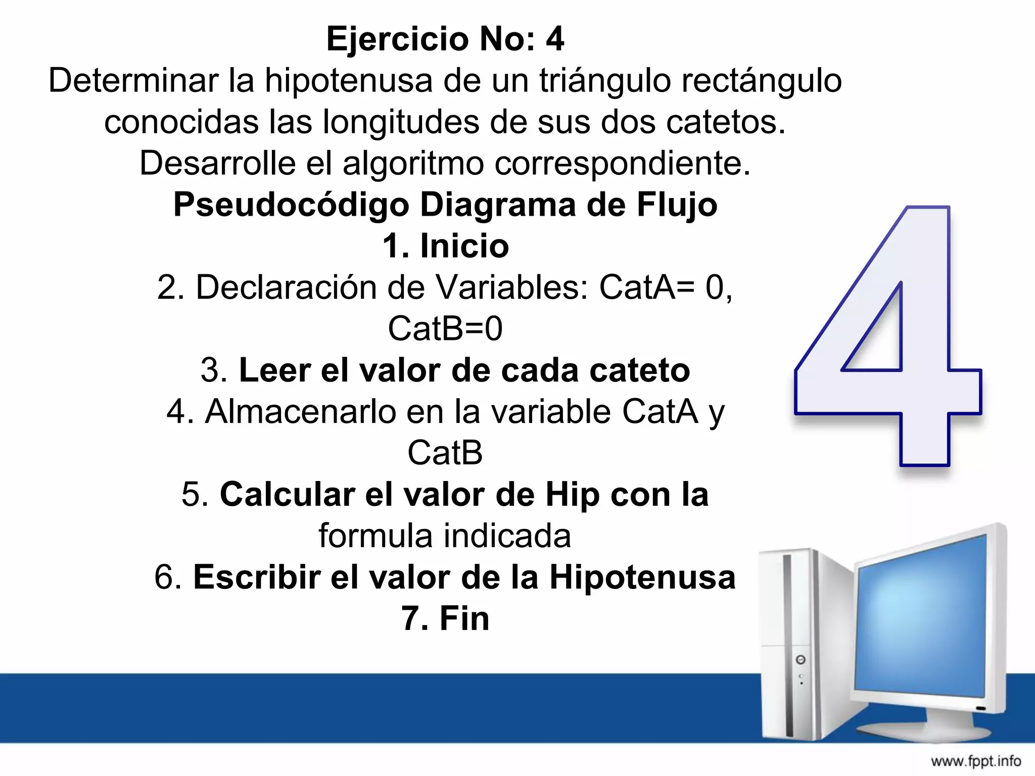 Ejercicio No: 4
Determinar la hipotenusa de un triángulo rectángulo
conocidas las longitudes de sus dos catetos.
Desarrolle el algoritmo correspondiente.
Pseudocódigo Diagrama de Flujo
1. Inicio
2. Declaración de Variables: CatA= 0,
CatB=0
3. Leer el valor de cada cateto
4. Almacenarlo en la variable CatA y
CatB
5. Calcular el valor de Hip con la
formula indicada
6. Escribir el valor de la Hipotenusa
7. Fin
 